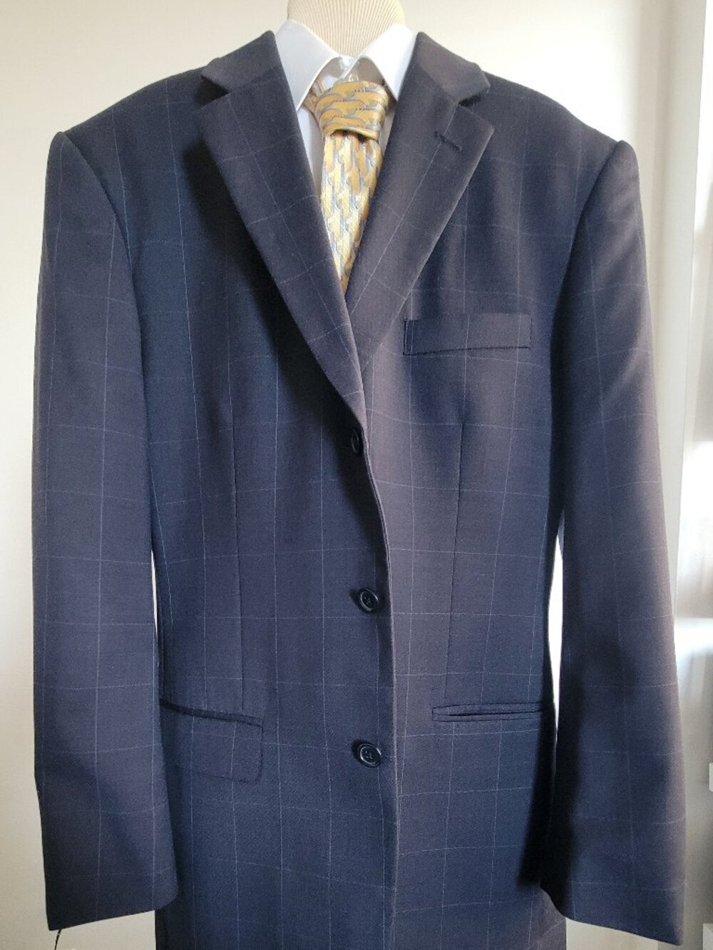 Albert Nipon Men’s 40L Navy Windowpane Check 100% Wool Suit Jacket